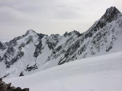 Le Mont Dolent à gauche et l'aiguille de l'A Neuve à droite.